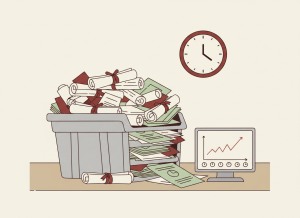 Flat, dry editorial illustration for a government accountability news site. A large overflowing inbox tray stacked with legislative bills and cost estimate documents, with a small graph showing a rising queue line. A clock suggesting time passing. Muted bureaucratic color palette — institutional gray, beige, dark red, off-white, budget green. Deadpan composition. No text visible, no people.