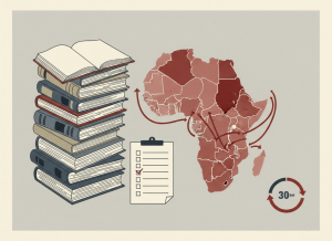 Flat, dry editorial illustration for a government accountability news site. A stack of Federal Register volumes open on a desk, with a map showing travel corridors between African countries marked with various levels of red shading. A bureaucratic checklist with boxes and a calendar showing a 30-day renewal cycle. Muted bureaucratic color palette — institutional gray, beige, dark red, off-white, federal blue. Deadpan composition. No text visible, no people.
