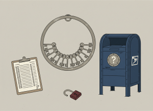Flat, dry editorial illustration for a government accountability news site. A large ring of postal arrow keys, several slots conspicuously empty. A USPS blue collection box with a question mark on its lock. A clipboard with an inventory checklist showing many unchecked boxes. A padlock lying open on the ground. Muted bureaucratic color palette — USPS blue, postal gray, beige, dark red, off-white. Deadpan composition. No text visible, no people.