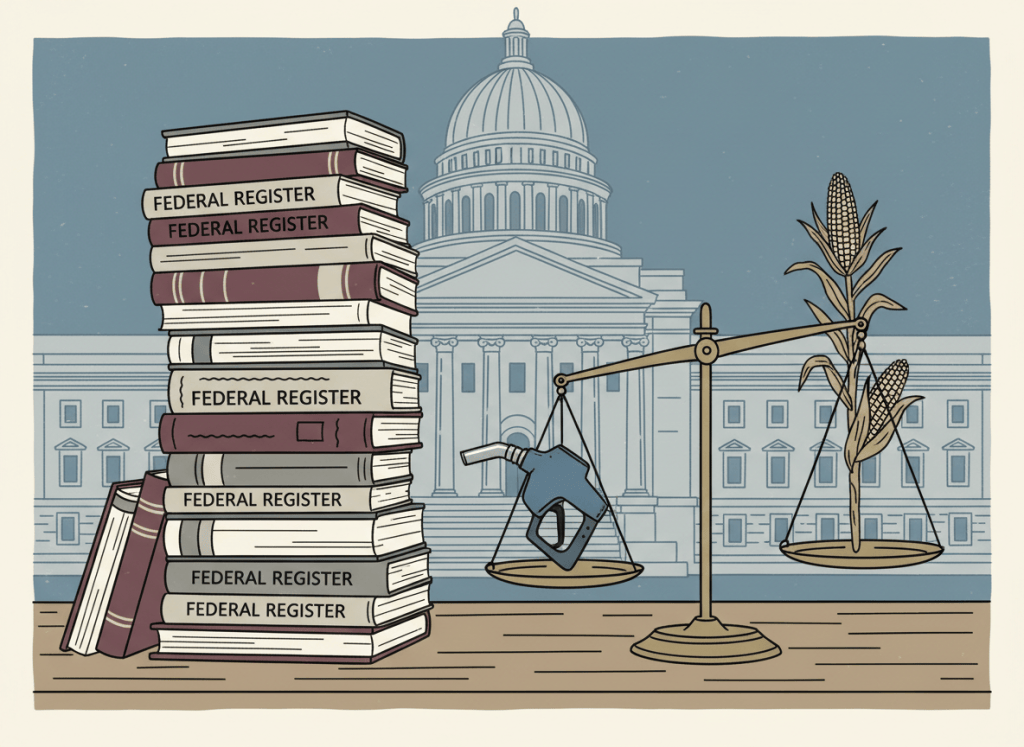 Flat, dry editorial illustration for a government accountability news site. A stack of Federal Register volumes on a desk next to a set of weighing scales balancing a fuel pump nozzle against a corn stalk, representing the biofuel vs. refinery tension. In the background, a sketch of an ornate neoclassical government building facade. Muted bureaucratic color palette — institutional gray, beige, dark red, off-white, federal blue. Deadpan composition. No text visible, no people.