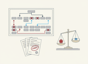 Flat, dry editorial illustration for a government accountability news site. A large government organizational chart with arrows showing promotion paths, some blocked and some newly opened. A stack of three rule documents fanned out with a stamp reading "FINAL." A small scale balancing a casino chip against a financial contract, representing the CFTC jurisdictional question. Muted bureaucratic color palette — institutional gray, beige, dark red, off-white, federal blue. Deadpan composition. No text visible, no people.