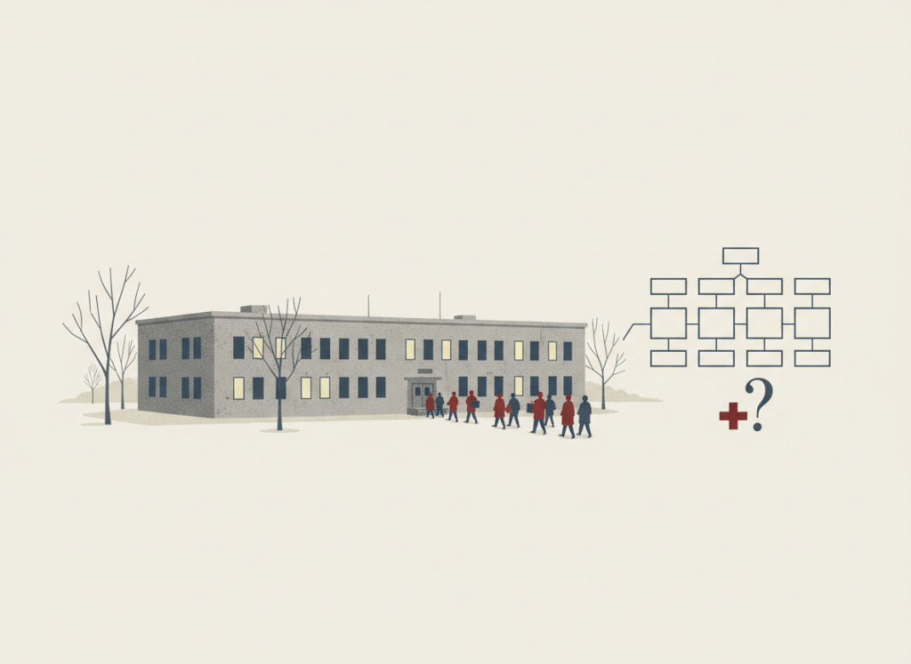 Flat, dry editorial illustration for a government accountability news site. A federal prison building in a sparse winter landscape, with many windows dark and a few lit. An organizational chart beside it with most positions shown as empty boxes. A small medical cross symbol with a question mark over it. A second set of figures arriving at the entrance, representing a new mission assigned to an understaffed facility. Muted bureaucratic color palette — institutional gray, beige, dark red, off-white, steel blue. Deadpan composition. No text visible, no people shown in detail.