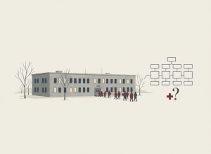 Flat, dry editorial illustration for a government accountability news site. A federal prison building in a sparse winter landscape, with many windows dark and a few lit. An organizational chart beside it with most positions shown as empty boxes. A small medical cross symbol with a question mark over it. A second set of figures arriving at the entrance, representing a new mission assigned to an understaffed facility. Muted bureaucratic color palette — institutional gray, beige, dark red, off-white, steel blue. Deadpan composition. No text visible, no people shown in detail.