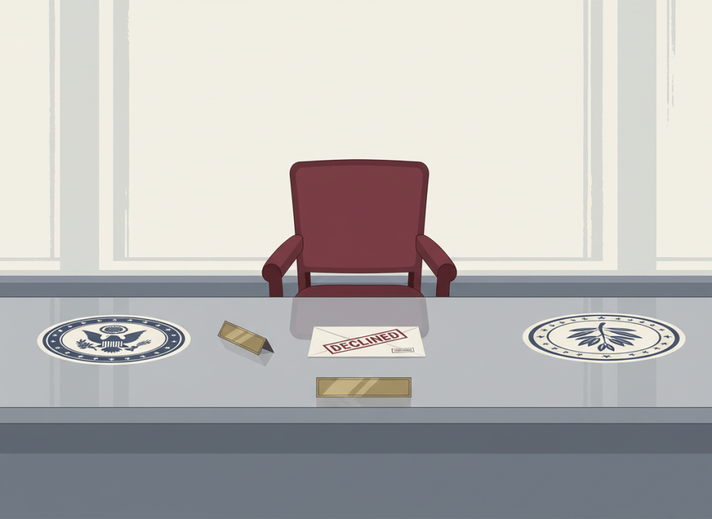 Flat, dry editorial illustration for a government accountability news site. An empty ambassador's chair at a formal diplomatic table, with a nameplate face-down. Two national seals face each other across the table with a gap between them. A diplomatic envelope marked "DECLINED" in the center. Muted bureaucratic color palette — institutional gray, beige, dark red, off-white, federal blue. Deadpan composition. No text visible, no people.