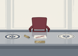 Flat, dry editorial illustration for a government accountability news site. An empty ambassador's chair at a formal diplomatic table, with a nameplate face-down. Two national seals face each other across the table with a gap between them. A diplomatic envelope marked "DECLINED" in the center. Muted bureaucratic color palette — institutional gray, beige, dark red, off-white, federal blue. Deadpan composition. No text visible, no people.