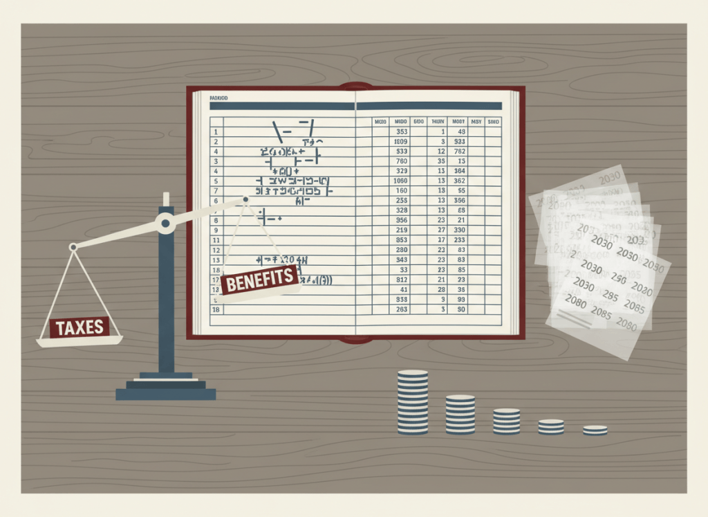 Flat, dry editorial illustration for a government accountability news site. A large actuarial ledger open on a desk, with columns of enormous numbers. A scale with "taxes" on one side and "benefits" on the other, visibly unbalanced. A calendar showing decades in the future. Stacks of coins diminishing over time. Muted bureaucratic color palette — institutional gray, beige, dark red, off-white, federal blue. Deadpan composition. No text visible, no people.