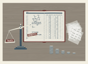 Flat, dry editorial illustration for a government accountability news site. A large actuarial ledger open on a desk, with columns of enormous numbers. A scale with "taxes" on one side and "benefits" on the other, visibly unbalanced. A calendar showing decades in the future. Stacks of coins diminishing over time. Muted bureaucratic color palette — institutional gray, beige, dark red, off-white, federal blue. Deadpan composition. No text visible, no people.