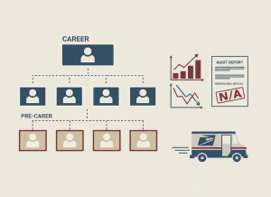 Flat, dry editorial illustration for a government accountability news site. A large org chart with two tiers of workers labeled "career" and "pre-career." A rising cost graph next to a falling hours-worked graph. An audit document with "N/A" written in the responsible official field. A postal truck in the corner. Muted bureaucratic color palette — institutional gray, beige, dark red, off-white, federal blue. Deadpan composition. No text visible, no people.