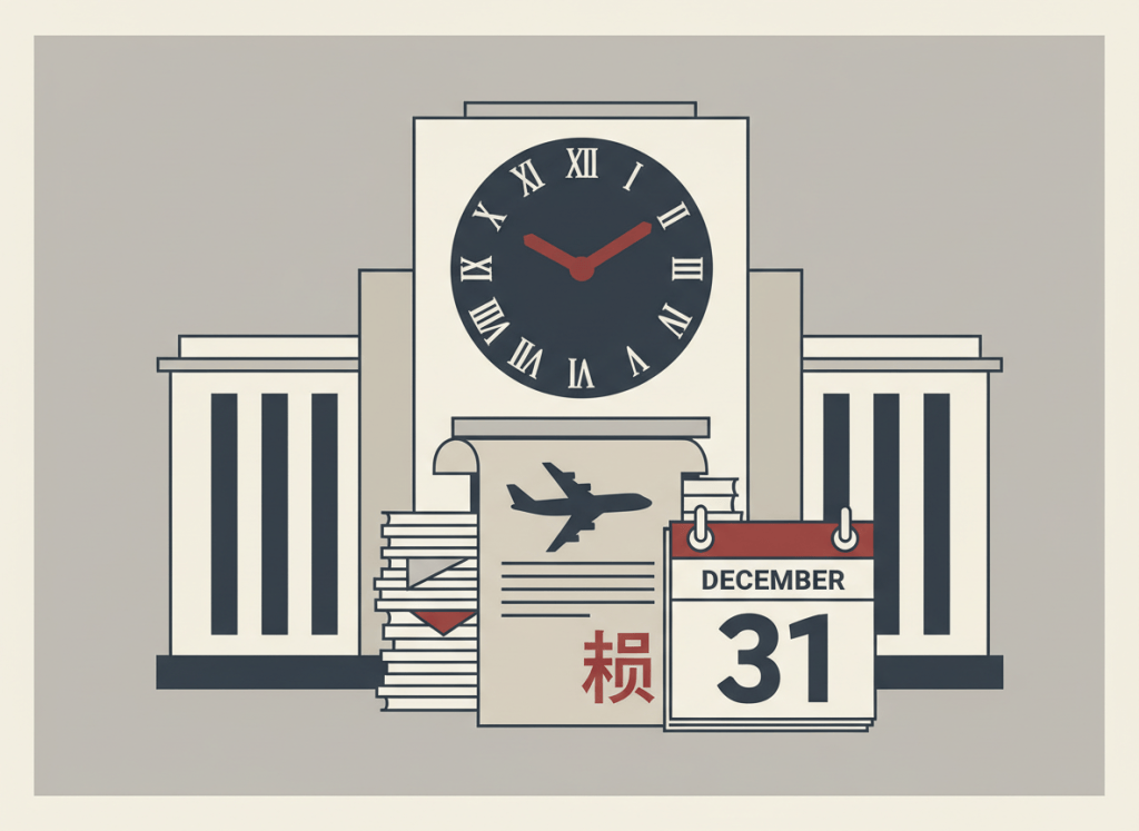 Flat, dry editorial illustration for a government accountability news site. A government bank building with a large clock on its facade showing the time nearly at midnight, representing an expiring charter. A stack of loan documents with a Boeing aircraft silhouette on one and a Chinese mineral symbol on another. A calendar page showing December 31. Muted bureaucratic color palette — institutional gray, beige, dark red, off-white, federal blue. Deadpan composition. No text visible, no people.