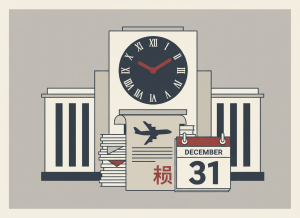 Flat, dry editorial illustration for a government accountability news site. A government bank building with a large clock on its facade showing the time nearly at midnight, representing an expiring charter. A stack of loan documents with a Boeing aircraft silhouette on one and a Chinese mineral symbol on another. A calendar page showing December 31. Muted bureaucratic color palette — institutional gray, beige, dark red, off-white, federal blue. Deadpan composition. No text visible, no people.