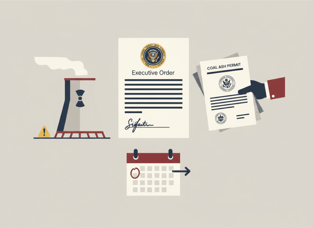 Flat, dry editorial illustration for a government accountability news site. Center: a signed executive order document with a presidential seal. Left: a nuclear cooling tower with a small warning triangle, representing an emergency amendment at a restarted reactor. Right: a stack of coal ash permit documents with state and federal seals exchanging hands. Bottom: a small calendar page marked with a delayed compliance date. Muted bureaucratic color palette — institutional gray, beige, dark red, off-white, federal blue. Deadpan composition. No text visible, no people.