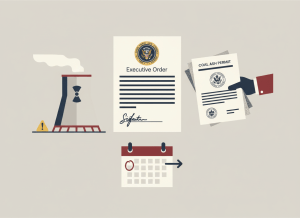 Flat, dry editorial illustration for a government accountability news site. Center: a signed executive order document with a presidential seal. Left: a nuclear cooling tower with a small warning triangle, representing an emergency amendment at a restarted reactor. Right: a stack of coal ash permit documents with state and federal seals exchanging hands. Bottom: a small calendar page marked with a delayed compliance date. Muted bureaucratic color palette — institutional gray, beige, dark red, off-white, federal blue. Deadpan composition. No text visible, no people.