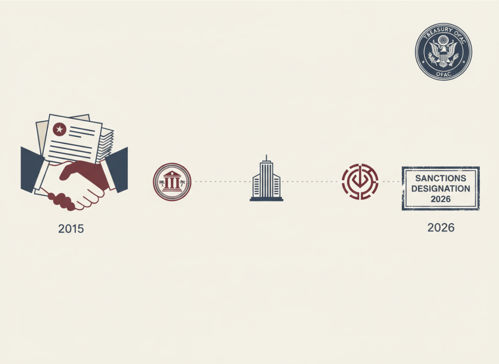 Flat, dry editorial illustration for a government accountability news site. A timeline running left to right: a handshake over banking documents labeled 2015, then a gap, then a sanctions designation stamp labeled 2026. Between them, faint dotted lines connecting a Cuban bank seal, an American bank building, and an Iranian financial institution symbol. A Treasury OFAC seal in the corner. Muted bureaucratic color palette — institutional gray, beige, dark red, off-white, federal blue. Deadpan composition. No text visible, no people.