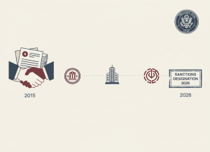 Flat, dry editorial illustration for a government accountability news site. A timeline running left to right: a handshake over banking documents labeled 2015, then a gap, then a sanctions designation stamp labeled 2026. Between them, faint dotted lines connecting a Cuban bank seal, an American bank building, and an Iranian financial institution symbol. A Treasury OFAC seal in the corner. Muted bureaucratic color palette — institutional gray, beige, dark red, off-white, federal blue. Deadpan composition. No text visible, no people.
