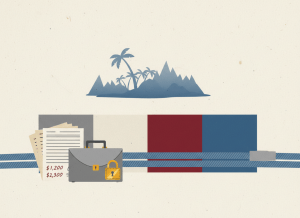 Flat, dry editorial illustration for a government accountability news site. A large bar chart broken into four unequal segments, representing four different funding streams presented as one total. An undersea cable runs across the bottom of the image. A stack of documents labeled with dollar amounts sits next to a padlocked diplomatic briefcase. A Caribbean island silhouette in the background. Muted bureaucratic color palette — institutional gray, beige, dark red, off-white, federal blue. Deadpan composition. No text visible, no people.