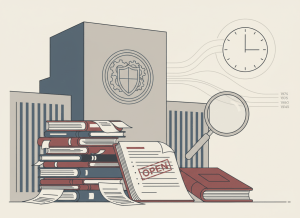 Flat, dry editorial illustration for a government accountability news site. A large federal building with a pension fund seal on the facade. In the foreground, a stack of investment committee documents and meeting minutes next to an open inspector general report with a red "OPEN" stamp on one recommendation. A magnifying glass hovers over a ledger. A clock in the corner suggesting decades of future compliance filings. Muted bureaucratic color palette — institutional gray, beige, dark red, off-white, federal blue. Deadpan composition. No text visible, no people.