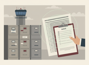 Flat, dry editorial illustration for a government accountability news site. A standardized test answer sheet with a radar scope overlay, representing the Air Traffic Skills Assessment. A clipboard held by an invisible hand with a checklist labeled "AUDIT." Three separate filing cabinets with incompatible label systems, representing disconnected data systems. A control tower in the background silhouetted against a muted sky. Muted bureaucratic color palette — institutional gray, beige, dark red, off-white, federal blue. Deadpan composition. No text visible, no people.