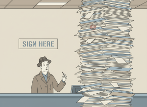 Flat, deadpan editorial illustration. A towering stack of government forms on an airport check-in counter. A lone traveler stands at the counter, pen in hand, looking up at an enormous pile of paper reaching the ceiling. TSA-style signage on the wall reads "SIGN HERE." Muted bureaucratic color palette: beige, gray, faded blue, with a small red official stamp. Dry, institutional atmosphere.