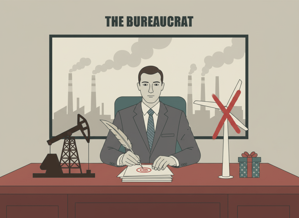 Flat, deadpan editorial illustration. A suited government official sits behind an enormous mahogany desk, signing a stack of documents with a quill pen. On the desk: an oil derrick model, a wind turbine model with a red X through it, and a gift box with a bow. Behind him, a window shows a factory and a horizon. Muted bureaucratic palette: beige, gray, muted blue, dark green, with a red official stamp. Dry, institutional atmosphere.