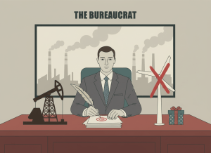 Flat, deadpan editorial illustration. A suited government official sits behind an enormous mahogany desk, signing a stack of documents with a quill pen. On the desk: an oil derrick model, a wind turbine model with a red X through it, and a gift box with a bow. Behind him, a window shows a factory and a horizon. Muted bureaucratic palette: beige, gray, muted blue, dark green, with a red official stamp. Dry, institutional atmosphere.