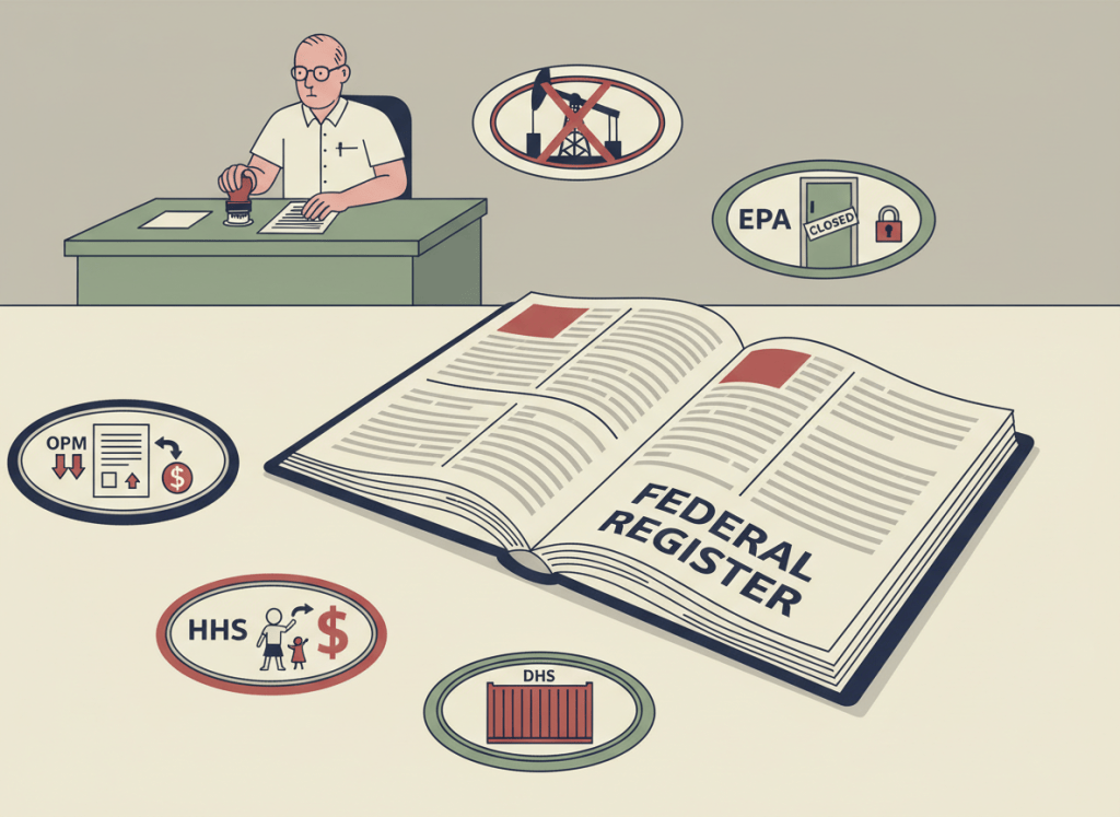 Flat, deadpan editorial illustration. A large open Federal Register binder sits on a government desk, pages fanning out. Five agency seals or plaques are arranged around it — OPM, EPA, HHS, NLRB, DHS — each with a small icon suggesting its entry: a staffing chart, an oil derrick with a red X, a child support document, a shuttered office door, and a shipping container. A bureaucrat in the background stamps a document. Muted bureaucratic palette: beige, gray, muted red, navy blue, institutional green. Dry, deadpan atmosphere.