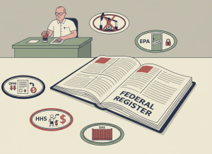 Flat, deadpan editorial illustration. A large open Federal Register binder sits on a government desk, pages fanning out. Five agency seals or plaques are arranged around it — OPM, EPA, HHS, NLRB, DHS — each with a small icon suggesting its entry: a staffing chart, an oil derrick with a red X, a child support document, a shuttered office door, and a shipping container. A bureaucrat in the background stamps a document. Muted bureaucratic palette: beige, gray, muted red, navy blue, institutional green. Dry, deadpan atmosphere.