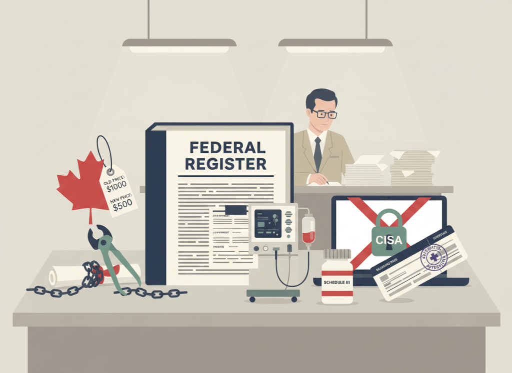 Flat, deadpan editorial illustration. A large open Federal Register binder sits on a government desk surrounded by six symbolic items: a university diploma with chains being cut, a Canada maple leaf with a price tag being rewritten, a dialysis machine with a payment form, a pill bottle labeled Schedule III, a laptop with a red X and a padlock labeled CISA, and a boarding pass with an attestation stamp. A bureaucrat in the background reviews documents. Muted bureaucratic palette: beige, gray, muted red, navy blue, institutional green. Dry, deadpan atmosphere.