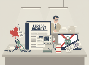 Flat, deadpan editorial illustration. A large open Federal Register binder sits on a government desk surrounded by six symbolic items: a university diploma with chains being cut, a Canada maple leaf with a price tag being rewritten, a dialysis machine with a payment form, a pill bottle labeled Schedule III, a laptop with a red X and a padlock labeled CISA, and a boarding pass with an attestation stamp. A bureaucrat in the background reviews documents. Muted bureaucratic palette: beige, gray, muted red, navy blue, institutional green. Dry, deadpan atmosphere.